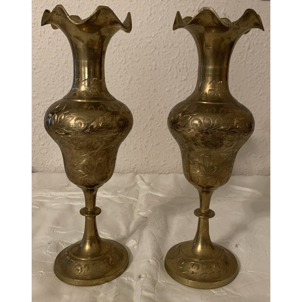 Brass Pedestal Floral Vase 10” India Ruffled Scalloped Rim Etched Pair Mantel